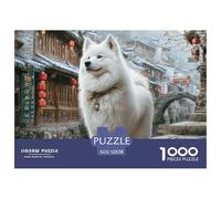 Puzzle Adulte 1000 Pièces Extrêmement Difficile Chien Mignon - Samoyède dans Une Rue de Village, Jeu Éducatif Anti-Stress, Cadeau, 52x38cm