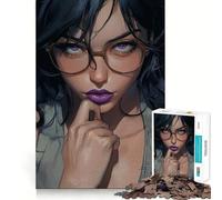Puzzle Adulte 1000 pièces Femme à Lunettes et lèvres Violettes Jeu de Stimulation Cognitive Emboîtement précis sans espaces Activité apaisante pour Une Pause mentale (50x75cm)