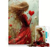 Puzzle Adulte 1000 pièces Femme Tenant Un cœur dans Un Champ,Jeu de Stimulation Cognitive,Assemblage précis sans espaces,activité apaisante pour la détente mentale (50x75cm)