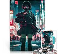 Puzzle Adulte 1000 pièces Fille animée avec Une Arme à feu dans la Ville de néon Casse-tête pour Super Cadeau 38x26cm
