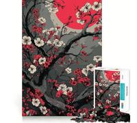 Puzzle Adulte 1000 pièces Fleurs de Cerisier et Soleil Rouge Art Découpe serrée Jeu de résolution de problèmes Amusant et de Loisirs Décoration d'anniversaire Cadeau (38x26cm)