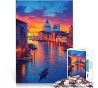 Puzzle Adulte 1000 pièces Gondole au Coucher du Soleil à Venise Jouets à Faire soi-même avec Affiche et Feuille de Questions correspondantes 26x38cm