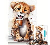 Puzzle Adulte 1000 pièces Guépard à l'heure du café Jeu de réflexion Amusant et ludique Décoration d'anniversaire (38x52cm)