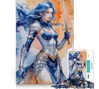 Puzzle Adulte 1000 pièces Guerrière aux Cheveux Bleus Illustration aux détails précis,Jeu de Concentration Amusant,Moment de détente,Cadeau de Noël Original (38x26cm)