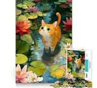 Puzzle Adulte 1000 pièces Illustration Chat dans Un étang aux nénuphars Jeu de précision Jouet cérébral Intelligent pour Passer Le Temps Libre Cadeau d'anniversaire pour l'esprit (38x52cm)