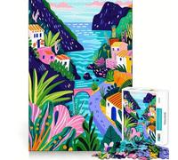 Puzzle Adulte 1000 pièces,Illustration colorée d'un Village côtier européen pittoresque,idéal pour la décoration,Casse-tête,Cadeau pour se détendre,Cadeau d'anniversaire ou Loisir (50x75cm)