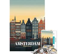 Puzzle Adulte 1000 pièces Illustration de la Ville d'Amsterdam Pays-Bas Jeu éducatif défi Jouet Relaxant Anti-Stress Cadeau d'anniversaire (Dimensions 75x50cm)