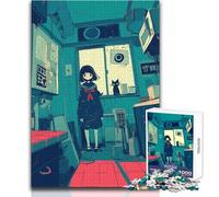 Puzzle Adulte 1000 pièces - Illustration d'une Fille d'anime et d'un Chat Noir - Design élégant - Jeu de logique et d'analyse - Idée Cadeau pour Un Père Noël Secret - Dimensions : 38x52cm