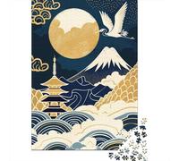 Puzzle Adulte 1000 Pièces, Japanese Landscape with Crane and Pagoda, 52x38cm/1000pcs; Projet Tranquille pour Le W nd; Pièces Blanches avec Peu De Poussière