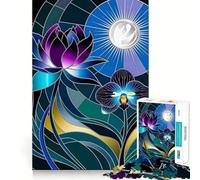 Puzzle Adulte 1000 pièces Lotus et orchidée au Clair de Lune en vitrail, 50x75cm, pour Une expérience de réflexion et de Plaisir Lente Découpe précise Collection d'œuvres d'art