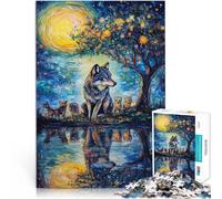 Puzzle Adulte 1000 pièces Loup au Clair de Lune Fait de Bois pour Les 14 Ans et Plus Améliorer la mémoire Cadeaux pour Les Amis et la Famille。Taille：50x75cm/19.68x29.52pouce