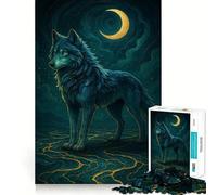 Puzzle Adulte 1000 pièces Loup Bleu sous Croissant de Lune,Bords Nets,Jeu de Construction et de Concentration,Divertissement Relaxant,Cadeau de Noël (38x52cm)