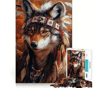 Puzzle Adulte 1000 pièces Loup coiffé d'une Coiffe amérindienne Jeu de Stimulation Cognitive Emboîtement précis sans espaces Activité apaisante pour Une Pause mentale (38x52cm)