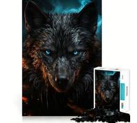 Puzzle Adulte 1000 pièces Loup Noir aux Yeux Bleus,Bords Nets,Jeu de réflexion,Divertissement Facile,décoration de Noël (38x52cm)