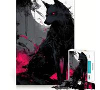Puzzle Adulte 1000 pièces Loup Noir aux Yeux Rouges Art numérique Décoration soignée,Jeu de réflexion,Divertissement Occasionnel,décoration de Noël (38x26cm)