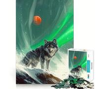 Puzzle Adulte 1000 pièces Loup sous Aurore boréale et Lune Rouge Jeu de Stimulation Cognitive Conception sans Espace Cadeau d'anniversaire Casse-tête (38x26cm)