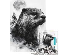 Puzzle Adulte 1000 pièces Loutre Double Exposition Lune pour Anniversaire Noël Jeu de découpe de précision à partir de 14 Ans (50x75cm)