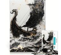 Puzzle Adulte 1000 pièces,Motif Viking Noir Drakkar,découpe Nette,Jeu de Concentration Amusant,Moment de détente,Cadeau de Noël Original (38x52cm)