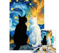 Puzzle Adulte 1000 pièces Nuit étoilée Chat Noir et Chat Blanc Jeu Romantique Impossible Apprentissage Jouets éducatifs Cadeaux de Noël Secret pour s'amuser en Famille (Dimensions 38x26cm)