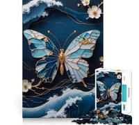 Puzzle Adulte 1000 pièces Papillon Bleu Art Kintsugi Décoration soignée,Jeu de réflexion,Divertissement Occasionnel,décoration de Noël (38x52cm)