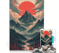 Puzzle Adulte 1000 pièces Paysage de Montagne Pixel Art avec Soleil Rouge Jeu à Monter soi-même Interaction Parent-Enfant Cadeau d'anniversaire ou de Noël Original 38x26cm