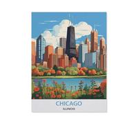Puzzle Adulte 1000 Pièces Paysage Puzzle en Bois Puzzle en 3D，Affiche de Voyage Vintage de Chicago, Illinois，DIY Éducatif Puzzle Noël Décoration De Maison Cadeau（75x50cm）-BH25