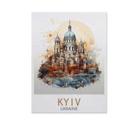 Puzzle Adulte 1000 Pièces Paysage Puzzle en Bois Puzzle en 3D,Affiche de Voyage Vintage de Kiev Ukraine,DIY Art Moderne Cadeau Spécial Déco Maison(75x50cm)-AK65