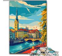 Puzzle Adulte 1000 pièces Paysage Urbain de Zurich Difficile à réaliser mais Amusant et Humoristique avec Affiche et fiche de Questions-réponses Assorties (50x75cm) 1000 pièces