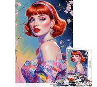 Puzzle Adulte 1000 pièces Pin-up rousse en Robe à Fleurs Jeu éducatif pour se détendre et s'amuser Comprend Une Affiche et Une fiche de Questions-réponses Assorties Dimensions 38x26cm