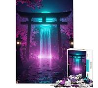 Puzzle Adulte 1000 pièces Porte Torii Japonaise néon avec Cascade Idée Cadeau Anniversaire Noël décoration intérieure Jeu Familial à partir de 14 Ans Dimensions : 38x26cm