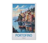 Puzzle Adulte 1000 Pièces，Portofino Poster Vintage de Voyage en Italie，Décor À La Maison Dessin Animé Paysage Jeu De Décompression Cerveau Défi Difficulté Jouet Éducatif pour Enfants Puzzle -E93