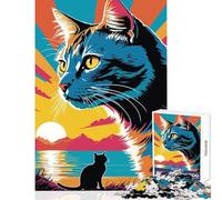 Puzzle Adulte 1000 pièces Portrait de Chat coloré au Coucher du Soleil Décoration intérieure Jeu Amusant pour Un Anniversaire Jeu Impossible Renforce l'amour Entre Couples 38x52cm