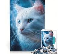 Puzzle Adulte 1000 pièces Portrait élégant d'un Chat Blanc aux Yeux Bleus, Jeu Relaxant, Anti-Stress captivant, Collection d'artiste, Beaux-Arts 50x75cm