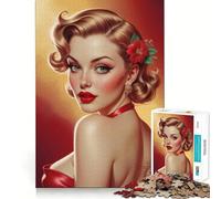 Puzzle Adulte 1000 pièces Portrait pin-up Blonde en Robe Rouge Jeu aux Bords Nets,Jouet de Construction et de Concentration,Divertissement Relaxant,Cadeau de Noël (50x75cm)
