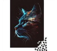 Puzzle Adulte 1000 Pièces, Puzzle en Bois Rectangulaire Créatif avec Motif Chat et Galaxie Visage (38x26cm)