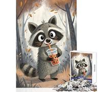 Puzzle Adulte 1000 pièces Raton Laveur Buvant du Bubble Tea Jeu Anti-Stress Amusant et éducatif Dimensions 38x52cm