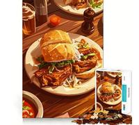 Puzzle Adulte 1000 pièces Repas de Burger délicieux sur Table en Bois Décoration idéale Casse-tête Cadeau Amusant pour se détendre Cadeau d'anniversaire (38x52cm)