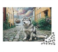 Puzzle Adulte 1000 pièces représentant Un Husky dans Une Rue pavée près de bâtiments. Décoration Murale et idée Cadeau Originale. Dimensions : 52 x 38 cm.