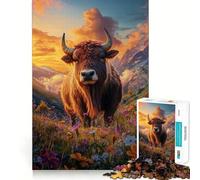 Puzzle Adulte 1000 pièces Taureau dans Les Fleurs au Coucher du Soleil Jeu de précision,Jouet cérébral Intelligent,Divertissement pour occuper Ses journées,Cadeau d'anniversaire (50x75cm)