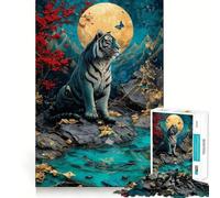 Puzzle Adulte 1000 pièces Tigre Bleu et Lune,Bordures nettes,Jeu de réflexion,Divertissement Facile,décoration de Noël (50x75cm)