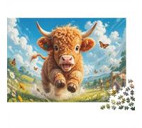 Puzzle Adulte 1000 pièces, Vache Highland dans Prairie | 52x38cm Scène joyeuse avec vache Highland et papillons; idéal pour des moments de détente seul ou en famille
