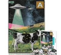 Puzzle Adulte 1000 pièces Vaisseau Spatial Extraterrestre et Vaches 1000 pièces pour Adolescents avec Affiche et fiche de Questions-réponses pour Les 14 Ans et Plus 38x26cm
