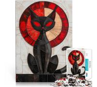 Puzzle Adulte 1000 pièces Vitrail Chat Noir Jouets addictifs pour Le défi de l'intelligence cérébrale Cadeau Amusant 38x26cm