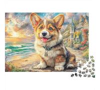 Puzzle Adulte 1000 Pièces, Welsh Corgi Pembroke, Corgi au Bord de la Mer au Coucher du Soleil, Premium Épais Robustes, Défi Antistress Cadeau 70x50cm