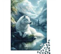 Puzzle Adulte 1000 Pièces, White Wolf by The Lake, 52x38cm/1000pcs, Pièces en Carton Blanc pour La Table; pour des Moments Calmes sans Écran