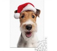 Puzzle Adulte 1000 Pièces, Wire Fox Terrier Dog with Santa Hat, 52x38cm/1000pcs, Idée Cadeau pour Les Amateurs De Puzzles; Carton Blanc Facile À Manipuler