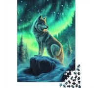 Puzzle Adulte 1000 Pièces, Wolf Under The Northern Lights, 52x38cm/1000pcs, À Continuer Lors D’Une Prochaine Soirée; Pièces Lisses Et Faciles À Trier