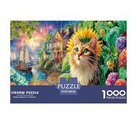 Puzzle Adulte 1000pcs Chat Mignon Chat avec Couronne de tournesols Jeu éducatif idéal pour se détendre 38x26 cm/1000pcs