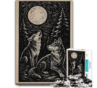 Puzzle Adulte avec Motif Wolves Howling at The Moon Linocut, 300 PCS