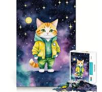 Puzzle Adulte Chat Aquarelle dans l'espace 1000 pièces Jeu de réflexion Cadeau Découpe de Haute précision Activité relaxante en Groupe à l'intérieur (38x26cm)